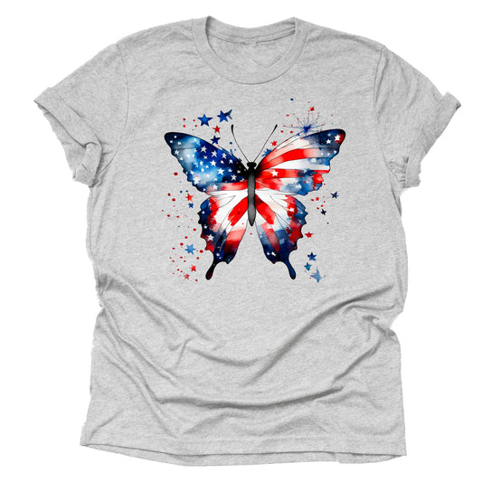 A grey unisex short-sleeve T-shirt featuring a vibrant butterfly design with the American flag's stars and stripes.