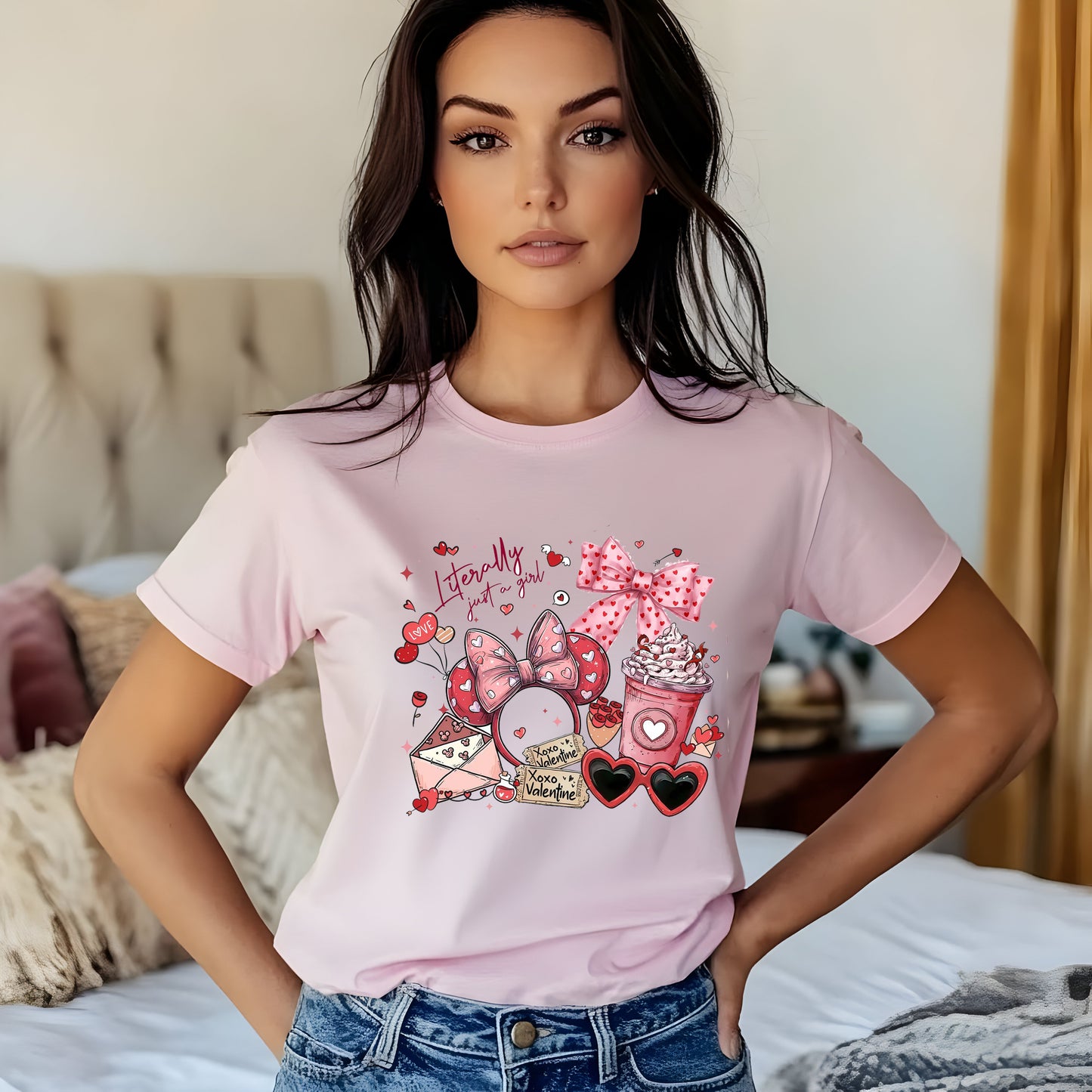 pink printed t-shirt Minnie Just a Girl Valentine graphic tee with theme park inspired design
