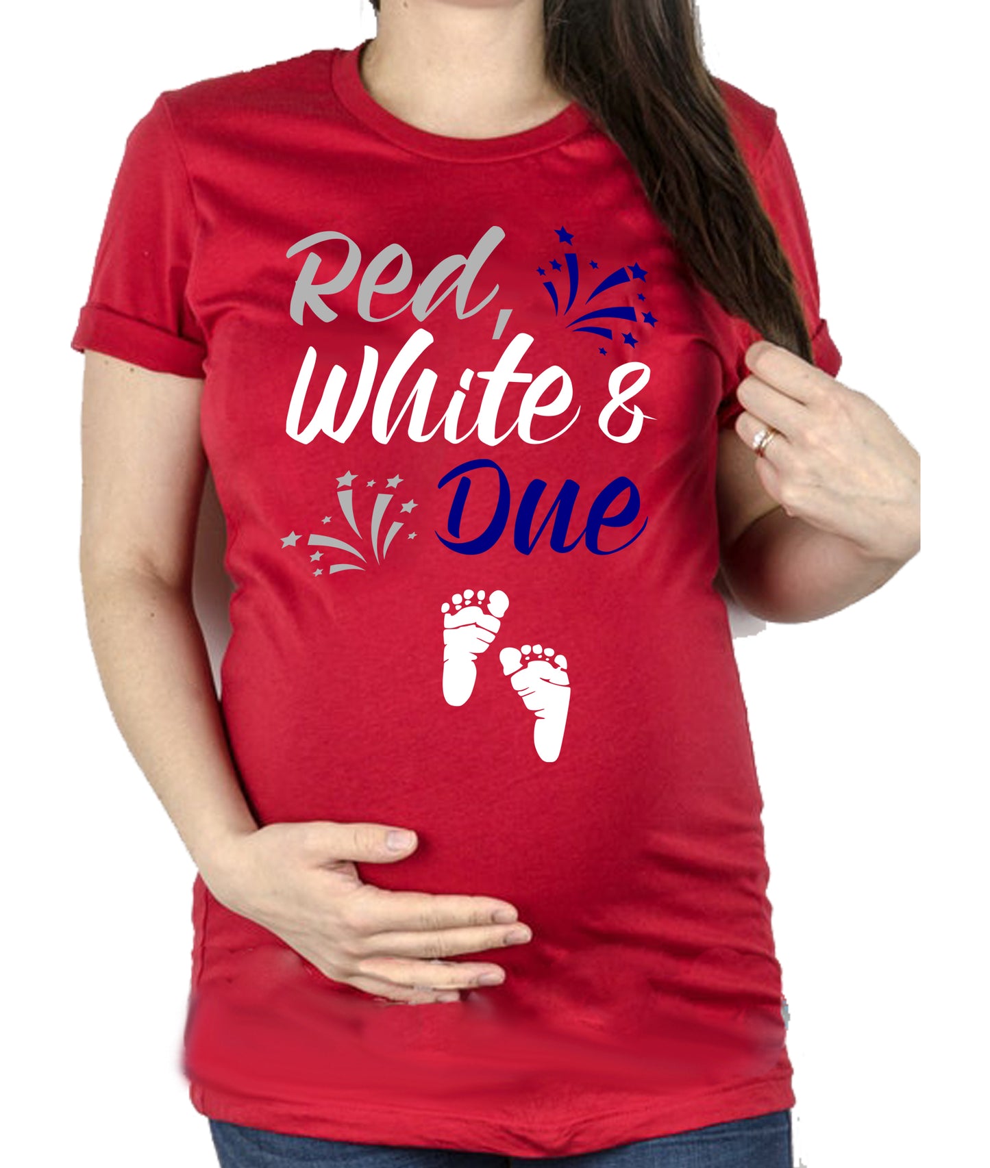 Red t-shirt with 'Red, White & Due' text and baby footprints, worn by a pregnant person.