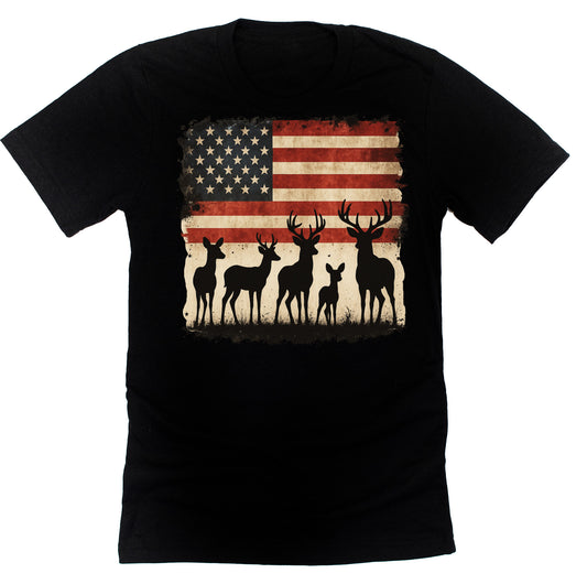A black unisex T-shirt featuring a patriotic design with a deer silhouette and the American flag.