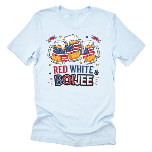 A casual short-sleeve unisex T-shirt in a light color, featuring a graphic of three beer mugs with American flag colors and the text 'RED WHITE & BOIJEE'.