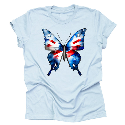 A Light Blue unisex short-sleeve T-shirt with a vibrant butterfly design featuring the American flag's stars and stripes.