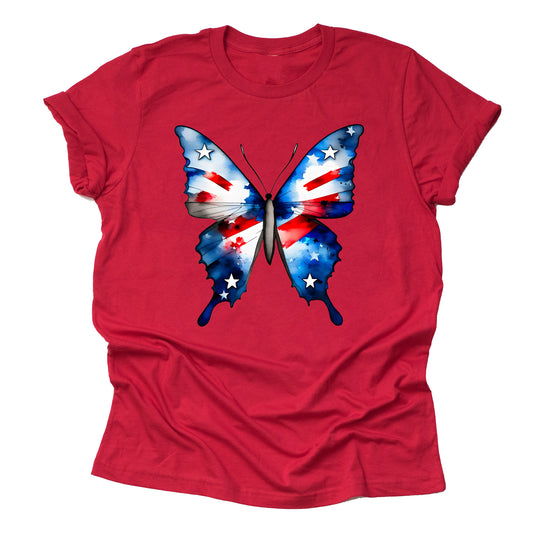 A red unisex short-sleeve T-shirt with a vibrant butterfly design featuring the American flag's stars and stripes.