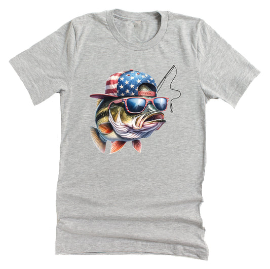 A gray unisex short-sleeve t-shirt with a graphic of a bass wearing an American flag hat.