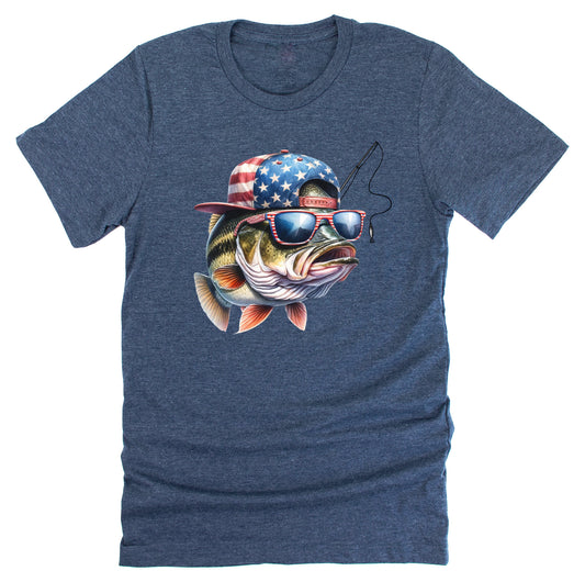 A navy unisex short-sleeve t-shirt with a graphic of a bass wearing an American flag hat.