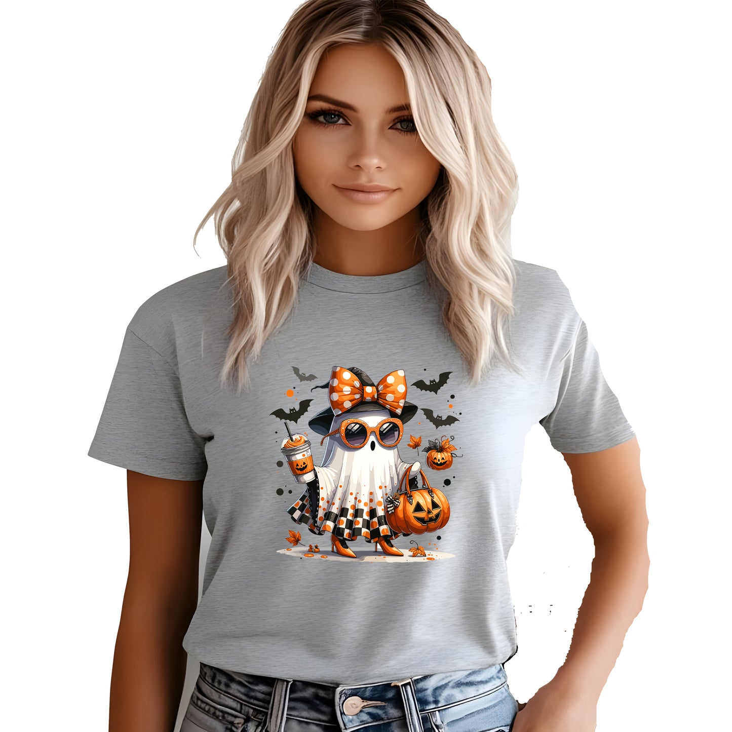Cute ghost bow coffee Halloween printed graphic shirt tee with spooky festive design