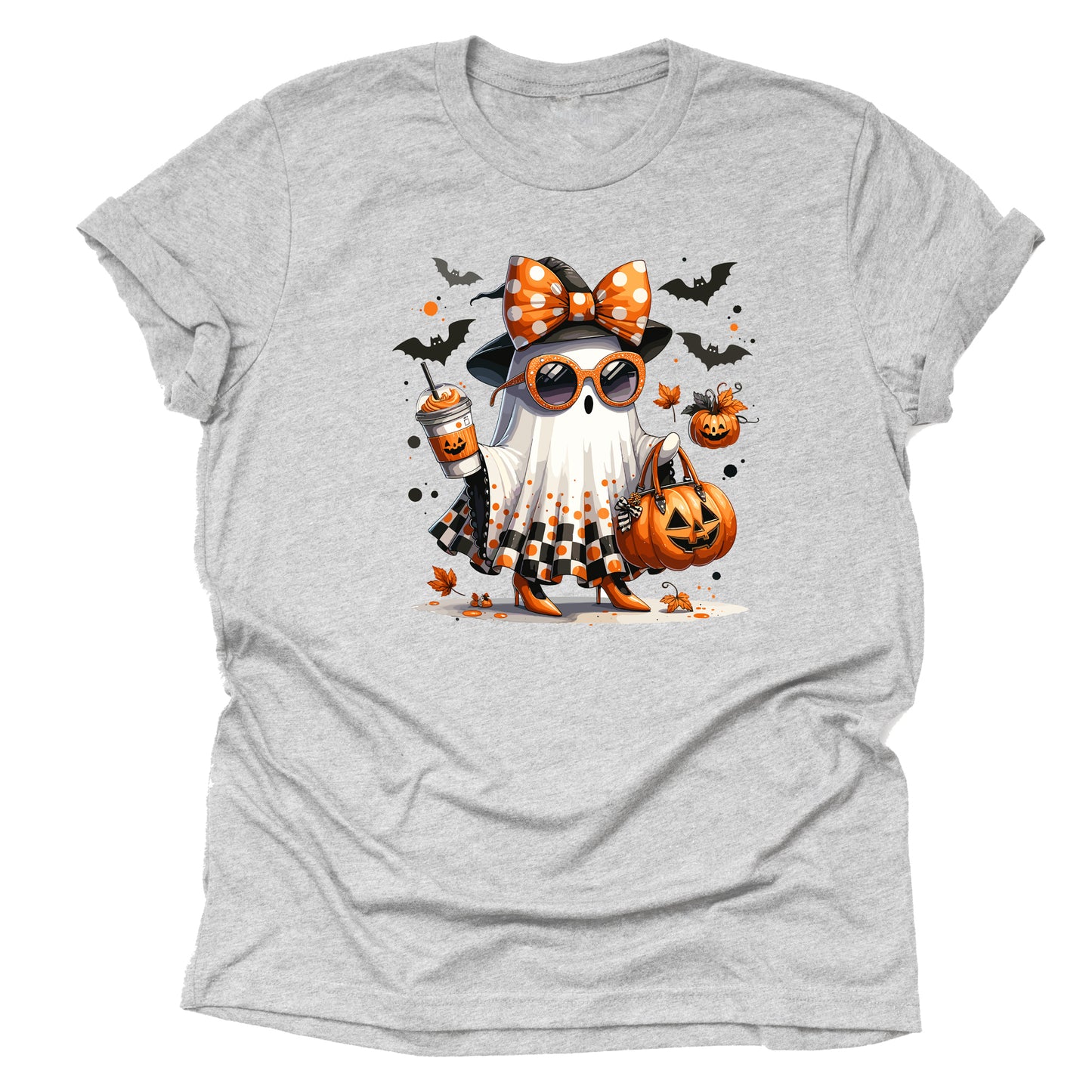 Cute ghost bow coffee Halloween printed graphic shirt tee with spooky festive design