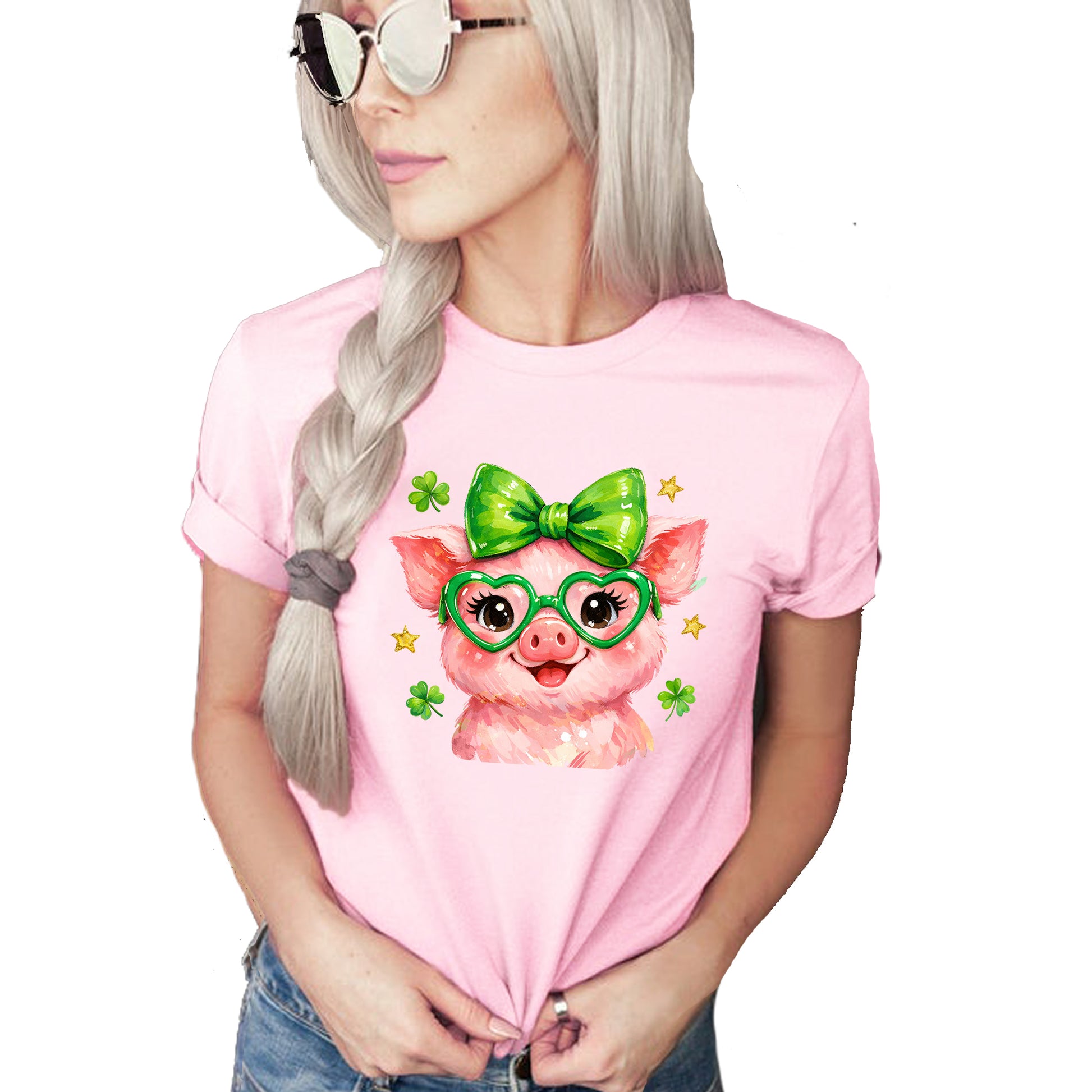 Cute pink pig shamrock shirt with green bow and clover graphic design