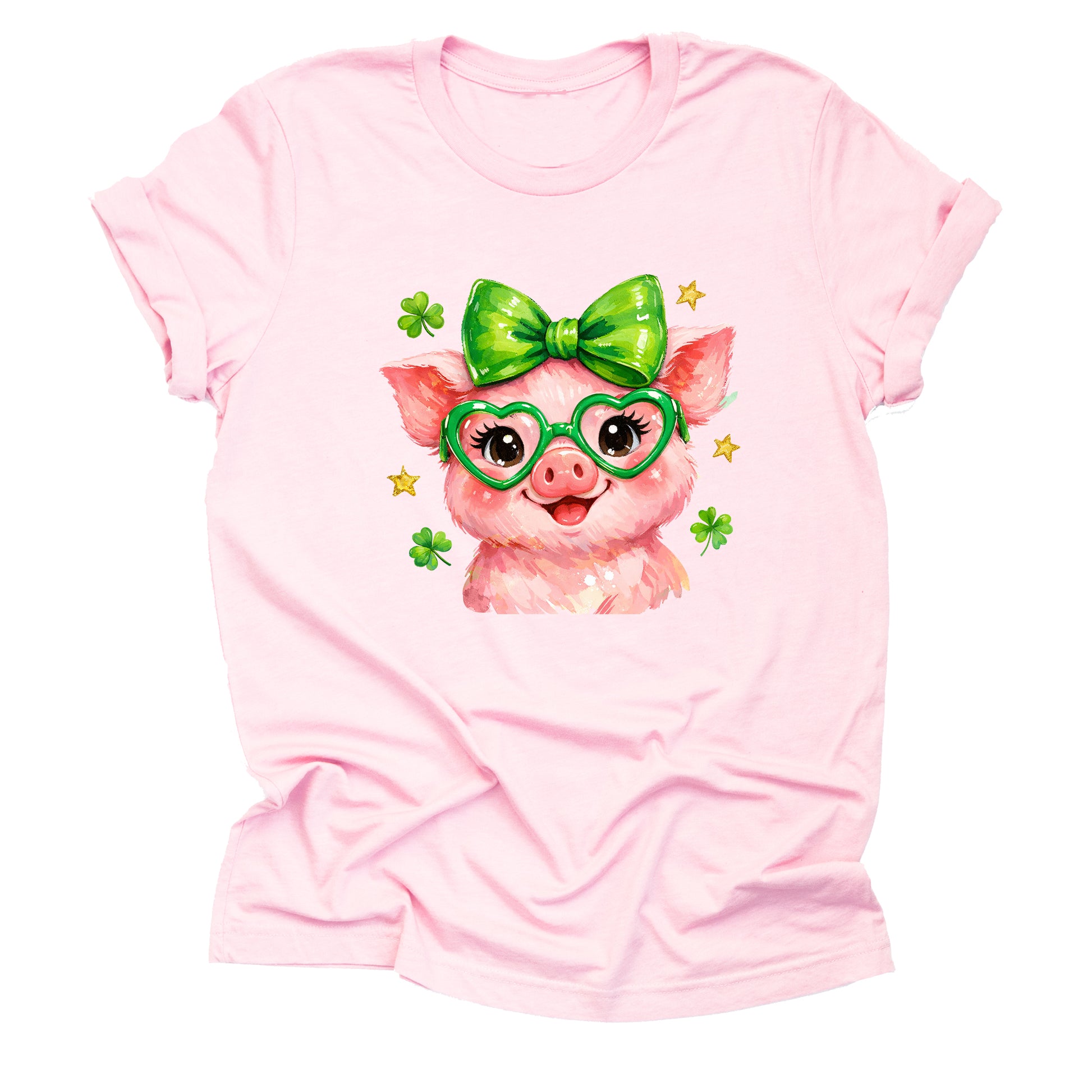 Cute pink pig shamrock shirt with green bow and clover graphic design