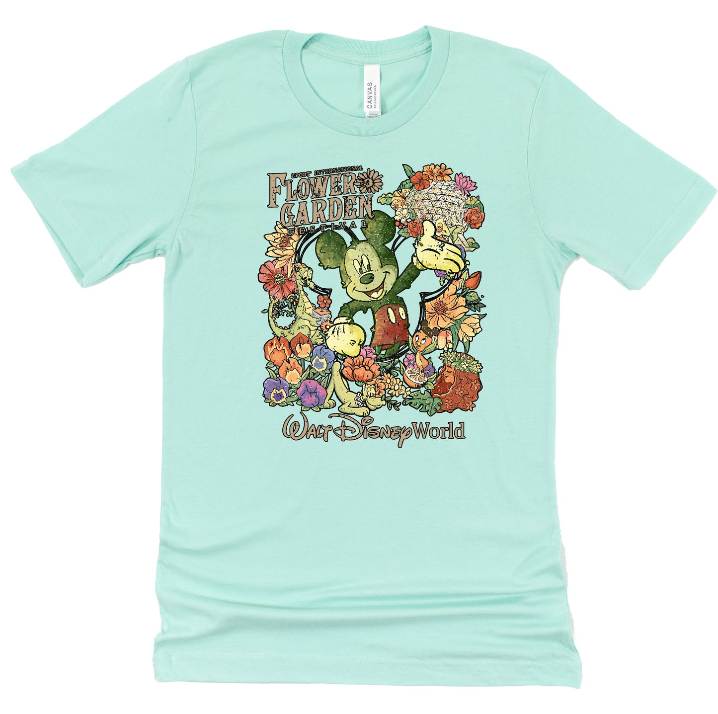 Mint green t-shirt with Disney mickey character and floral design on a white background