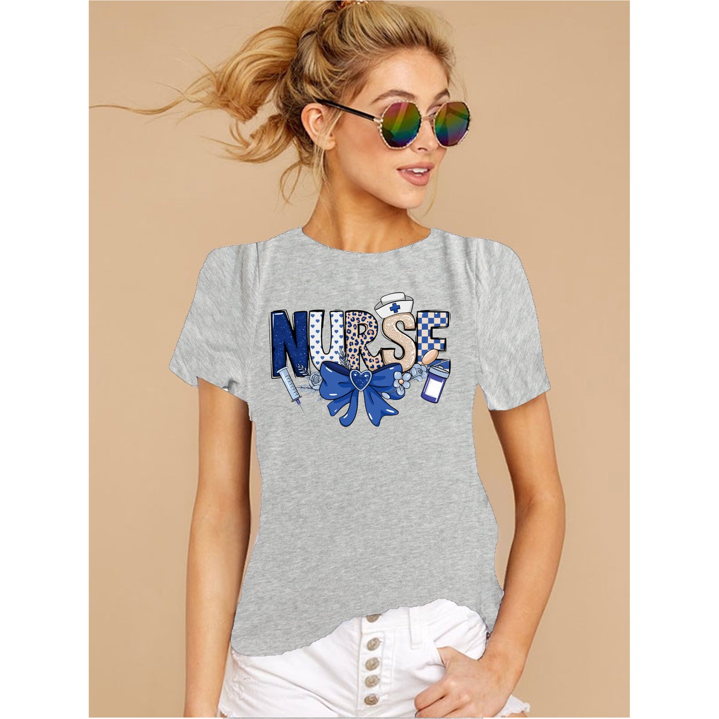Gray nurse shirt with blue bow design for RN nurses and healthcare workers