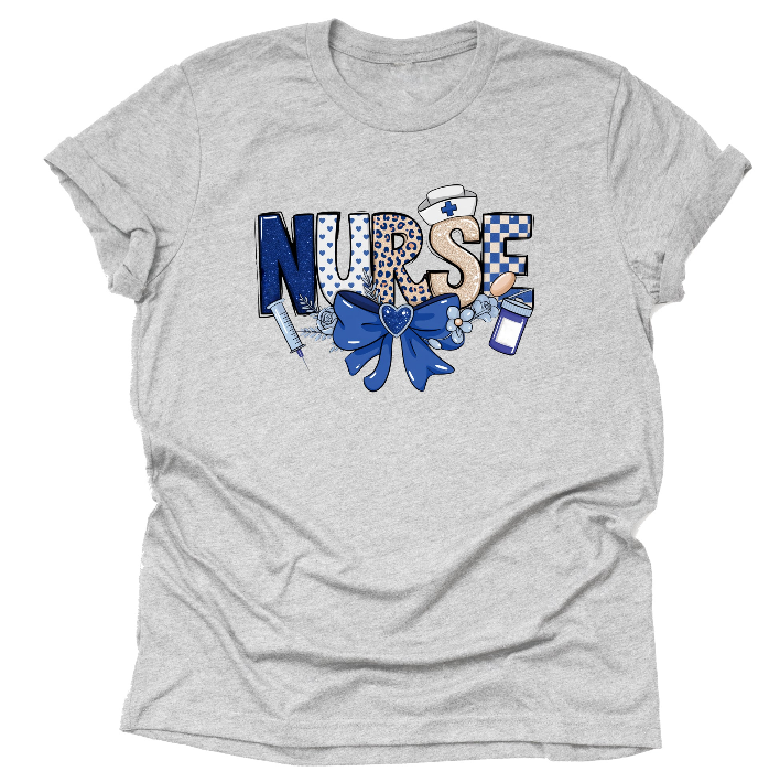 Gray nurse shirt with blue bow design for RN nurses and healthcare workers