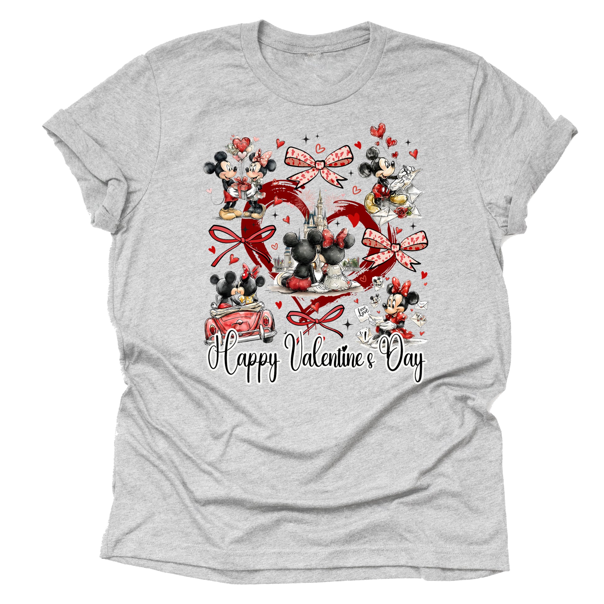 Gray t-shirt with Valentine's Day design featuring disney's mickey minnie cartoon characters with big red heart and bows and text "Happy Valentine's Day" 