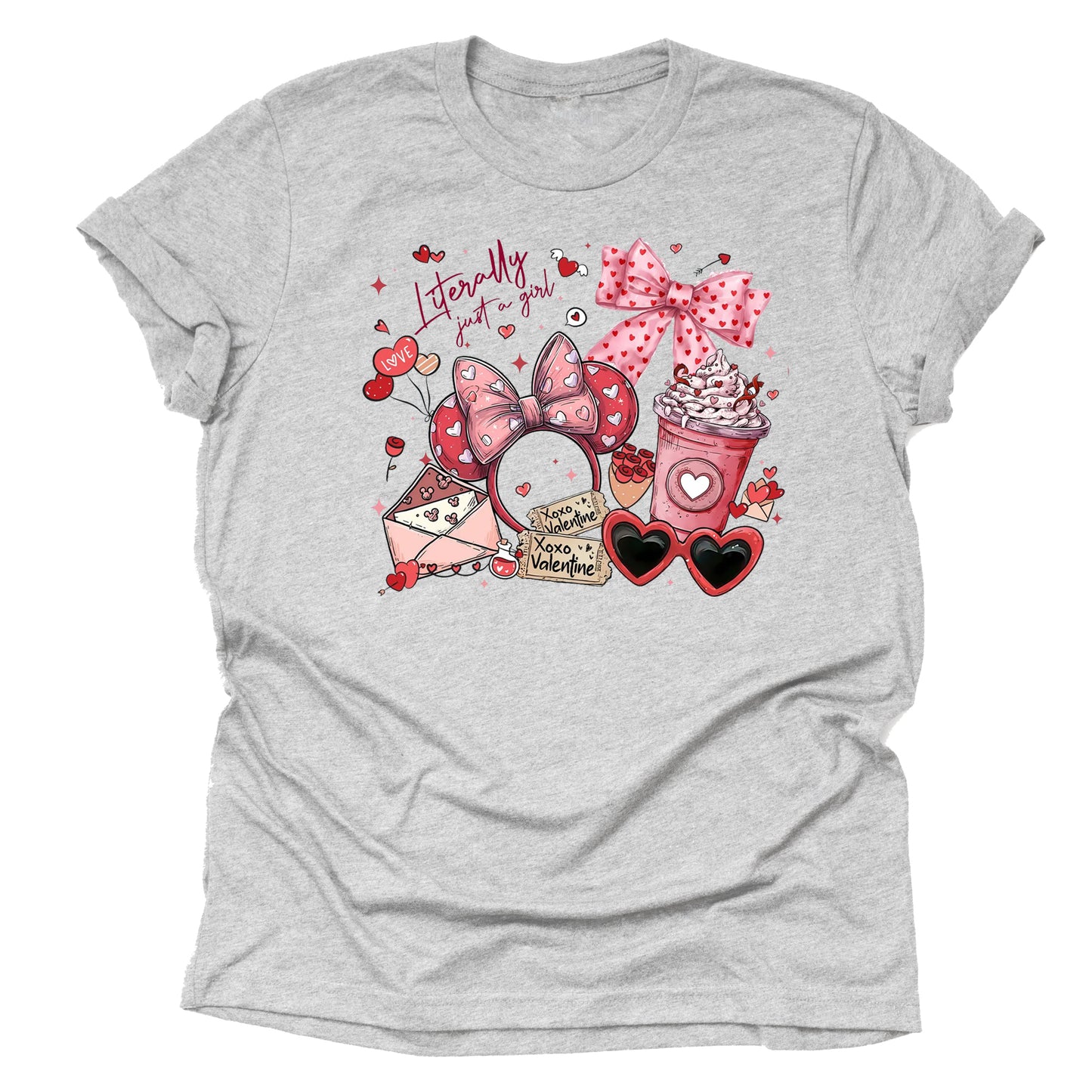 grey printed shirt Minnie Just a Girl Valentine graphic tee with theme park inspired design