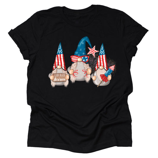 A black short-sleeve unisex T-shirt featuring a whimsical patriotic gnome design with American flag details.
