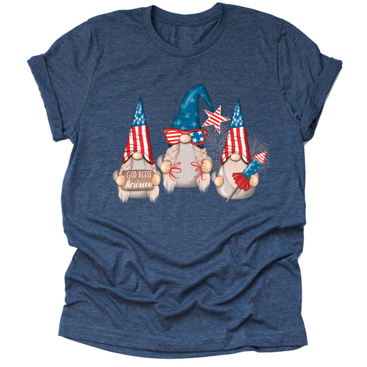 A navy short-sleeve unisex T-shirt featuring a whimsical patriotic gnome design with American flag details.