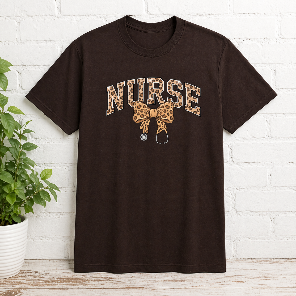 Brown nurse shirt with leopard print bow design for RN nurses and healthcare workers