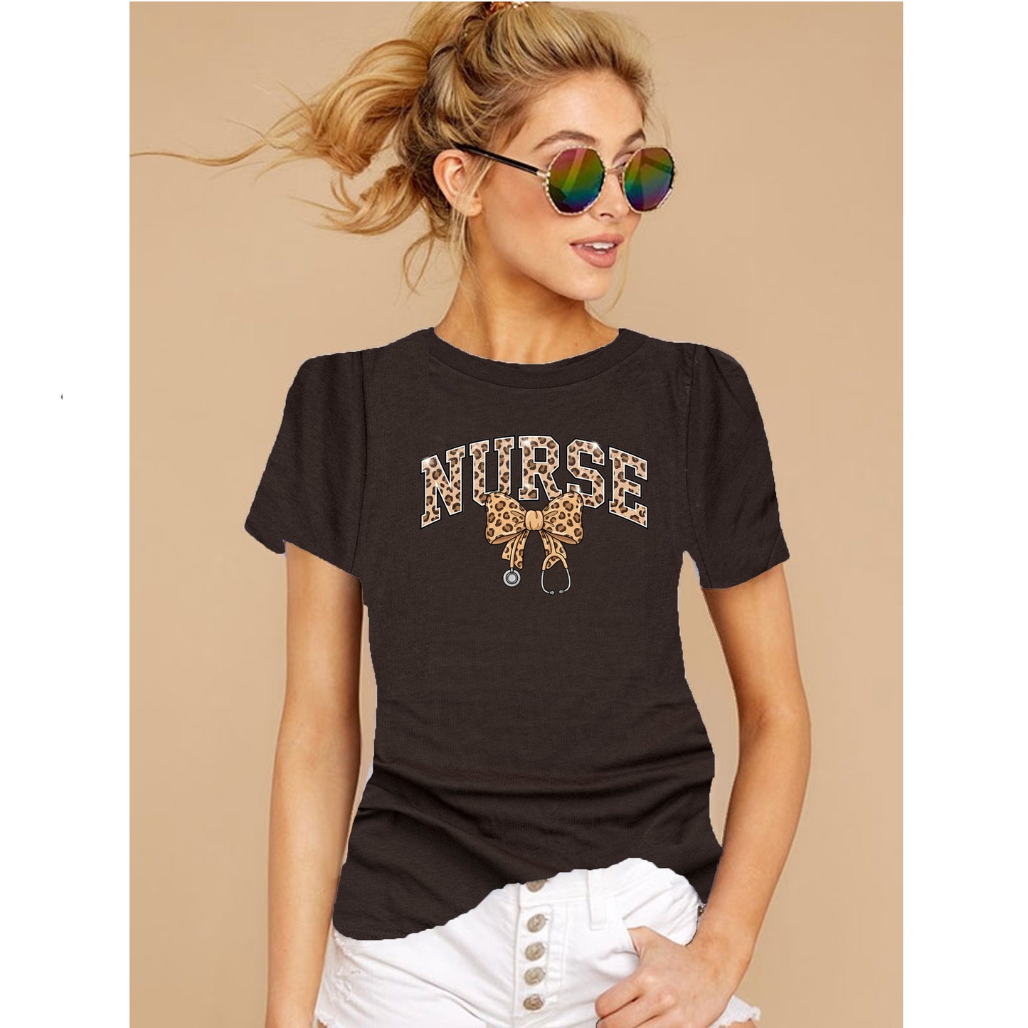 Leopard Nurse Shirt with Bow – RN Gift Healthcare Tee for Women
