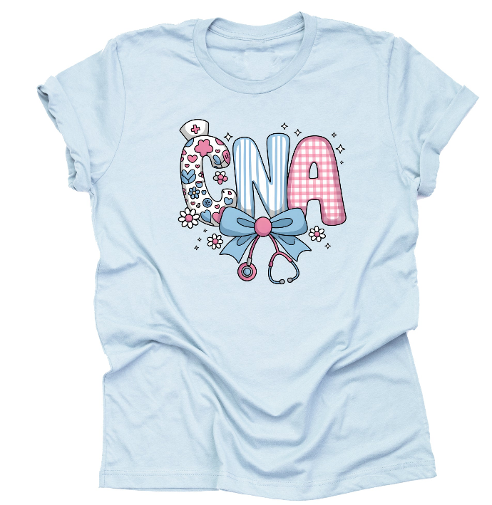 Light blue CNA nurse shirt with bow design for healthcare workers