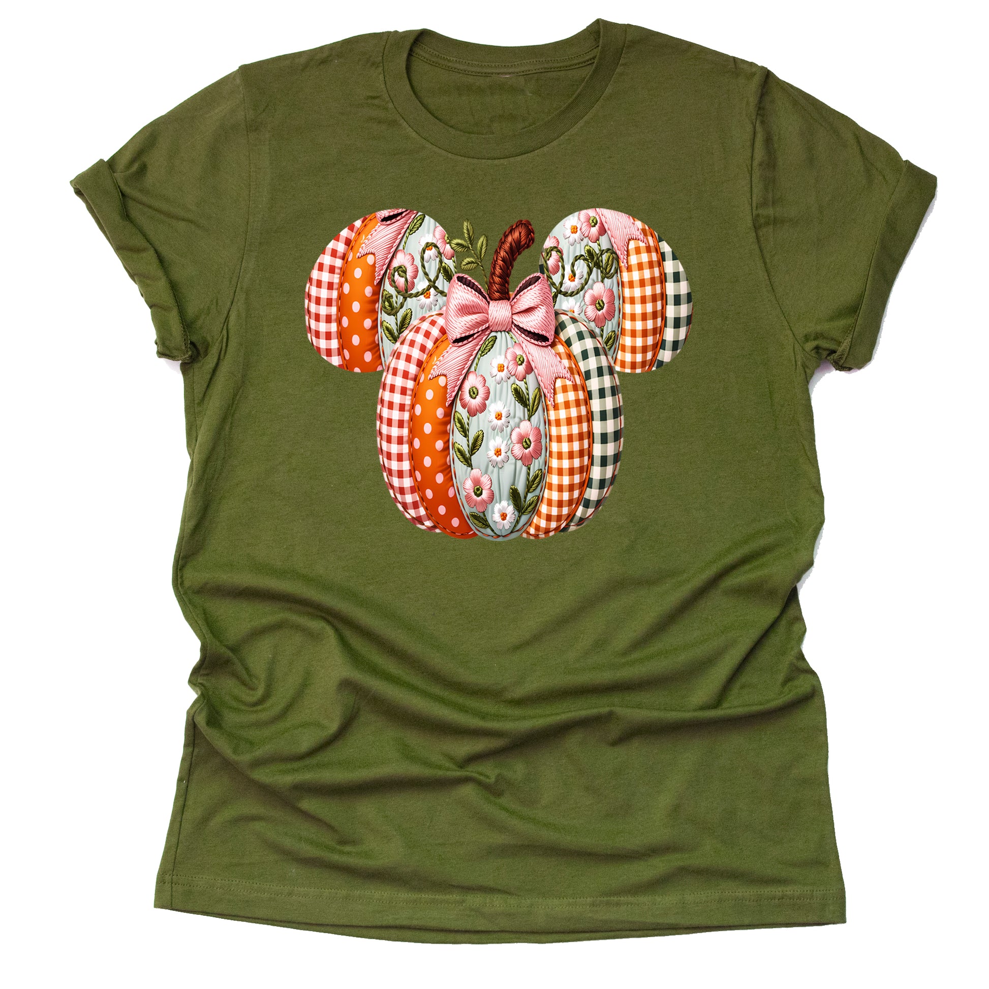 Olive t-shirt Mickey Minnie autumn patchwork Thanksgiving fall harvest printed graphic shirt tee