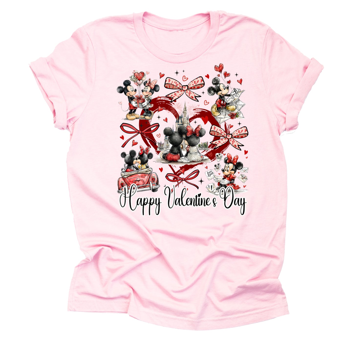 Pink t-shirt with Valentine's Day design featuring disney's mickey minnie cartoon characters with big red heart and bows and text "Happy Valentine's Day" 