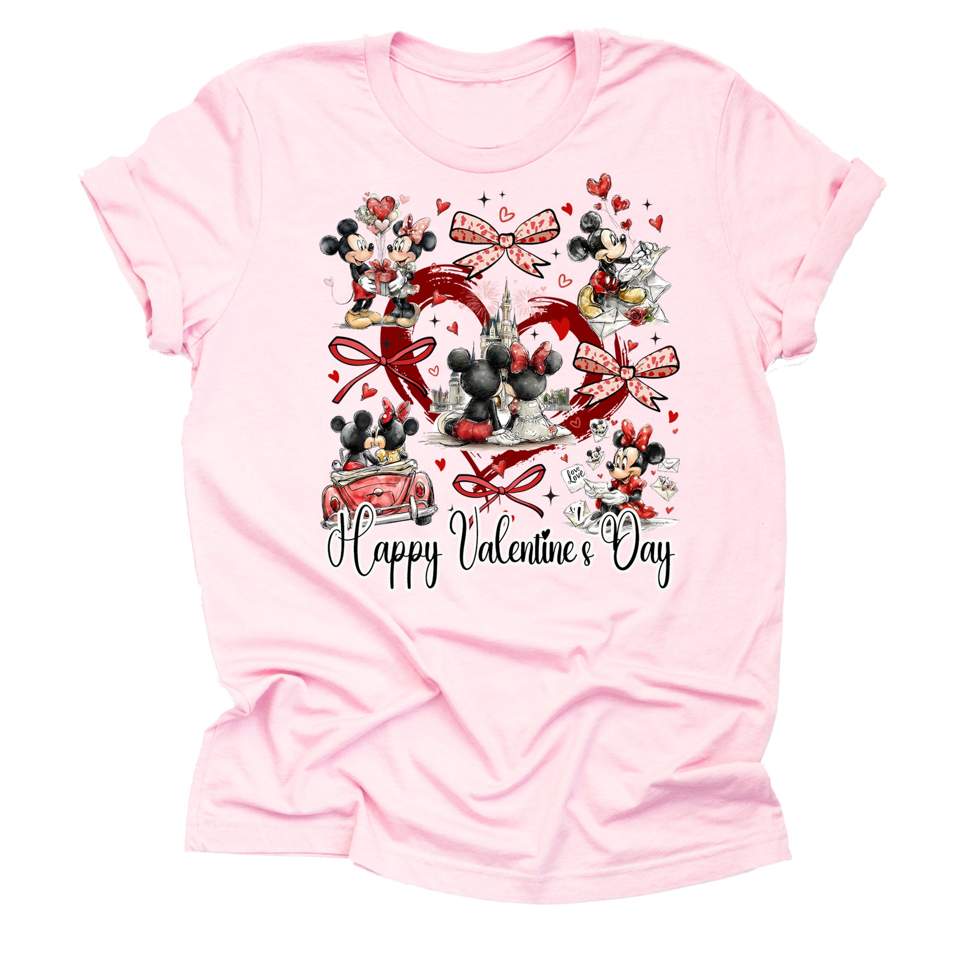 Pink t-shirt with Valentine's Day design featuring disney's mickey minnie cartoon characters with big red heart and bows and text "Happy Valentine's Day" 