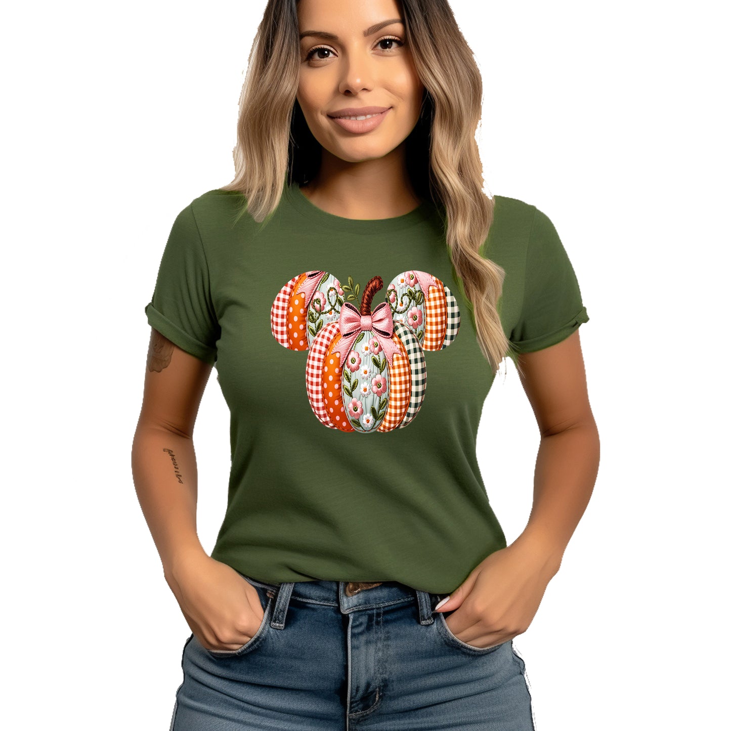 Mickey Minnie autumn patchwork Thanksgiving fall harvest printed graphic shirt tee