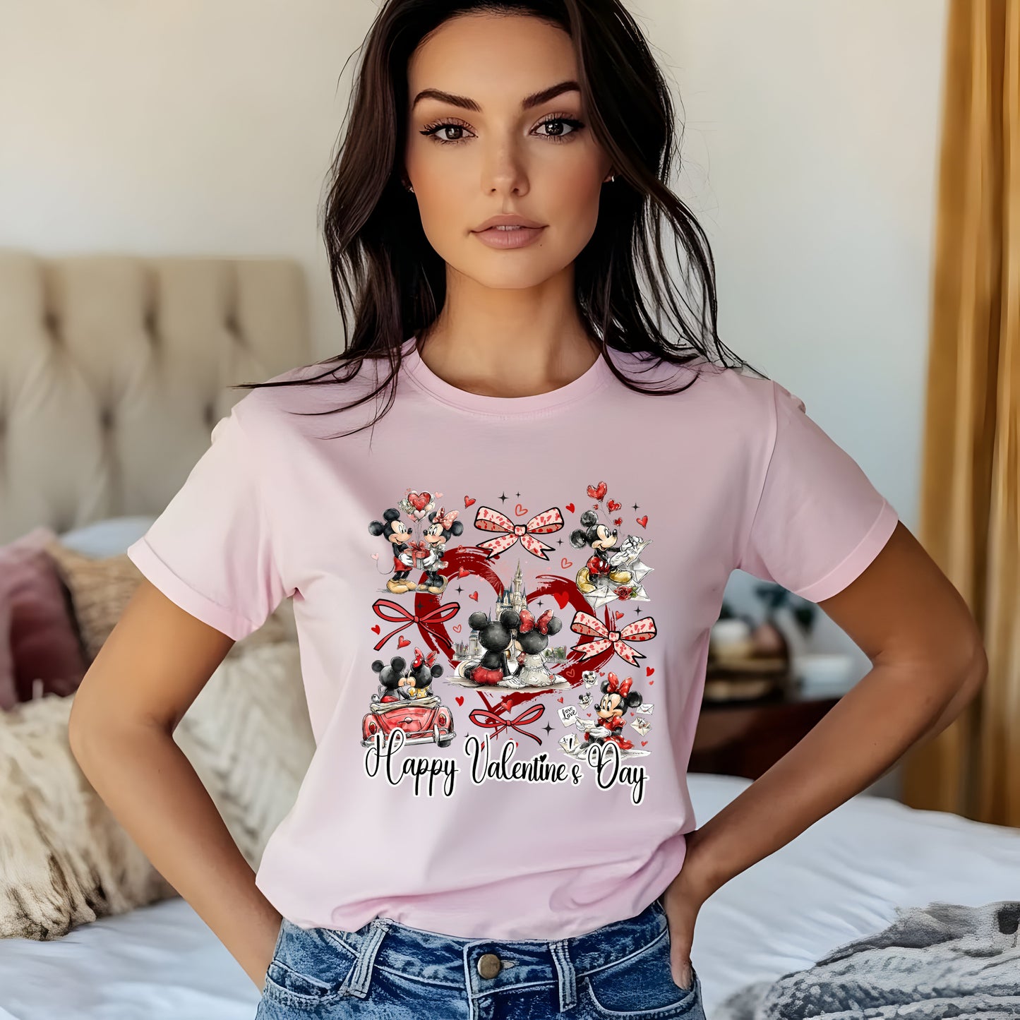 Pink printed Mickey Minnie bows Happy Valentine Day graphic tee shirt with festive theme park design