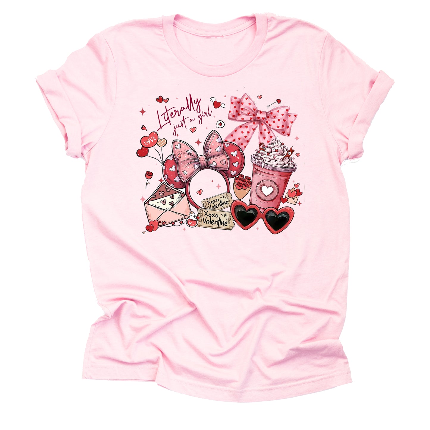 Pink t-shirt printed Minnie Just a Girl Valentine graphic tee with theme park inspired design