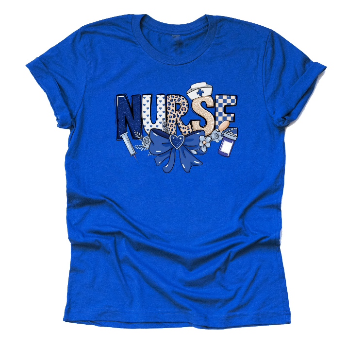 Royal blue nurse shirt with bow design for RN nurses and healthcare workers