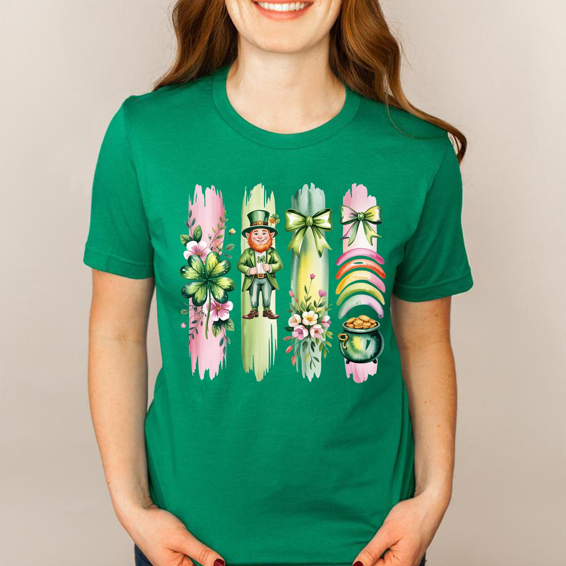 St Patrick’s Day leprechaun printed shirt with shamrock rainbow and pot of gold graphic