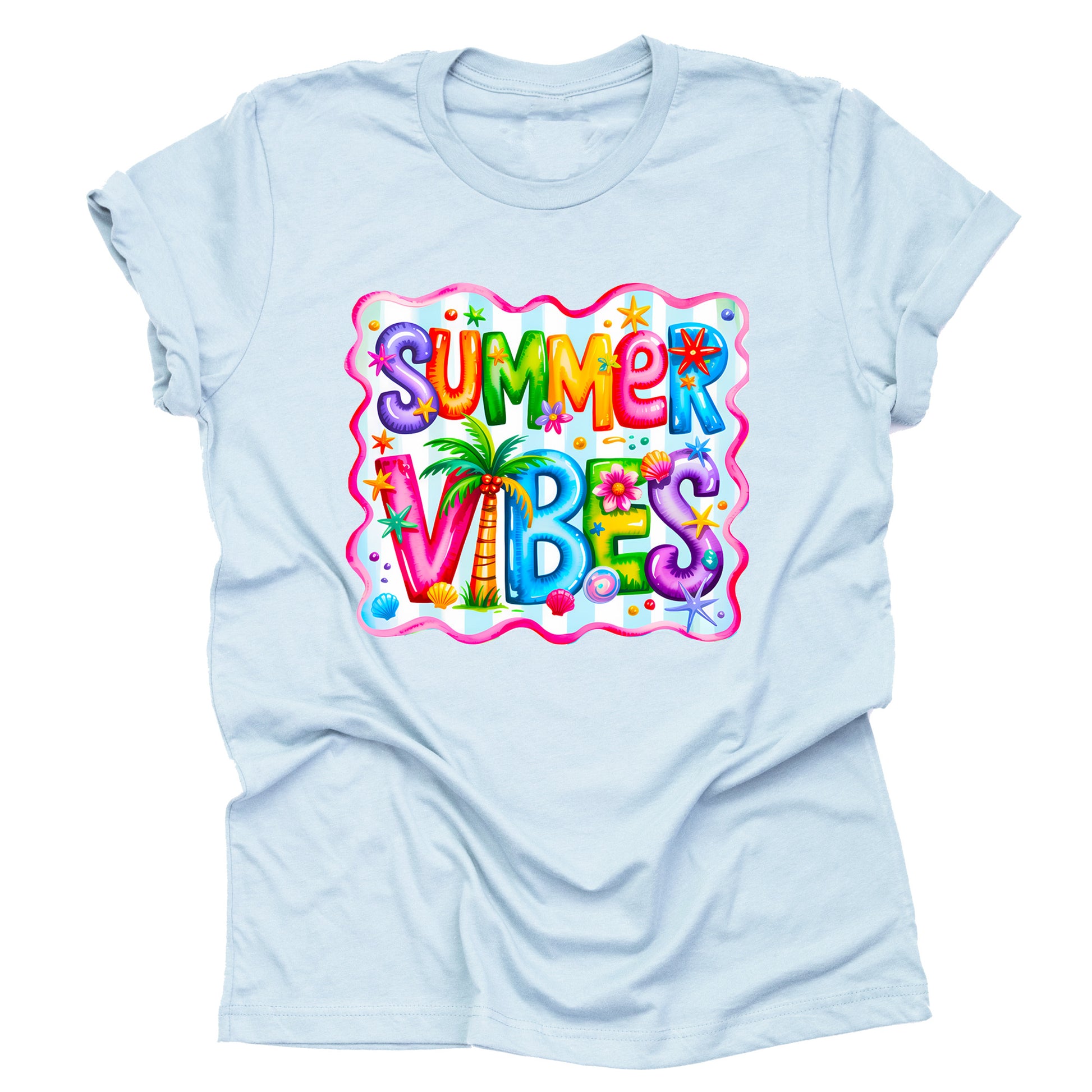 Summer Vibes colorful retro boho beach printed graphic tee shirt