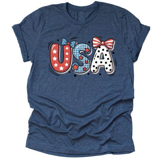 A navy unisex short-sleeve T-shirt with a cute patriotic USA graphic design featuring bows, stars and stripes.
