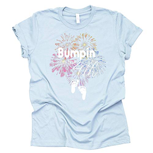 A light blue unisex t-shirt with the text 'Bumpin on The 4th' and a graphic of fireworks and a pair of feet on the front.