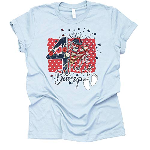 A light blue t-shirt with a patriotic design featuring stars, stripes, and the text '4th of July BUMP' on the front.