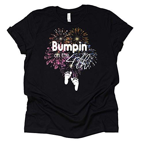 A black unisex t-shirt with the text 'Bumpin on The 4th' and a graphic of fireworks and a pair of feet on the front.