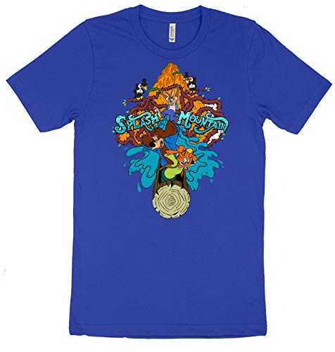 A blue t-shirt featuring a vibrant graphic design inspired by the Splash Mountain theme park ride, with characters and scenery depicted.