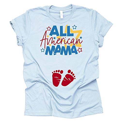 A light blue t-shirt with 'All American Mama' text and heart graphics, featuring a graphic of a pair of feet and a star