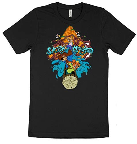 A black t-shirt featuring a vibrant graphic design inspired by the Splash Mountain theme park ride, with characters and scenery depicted.