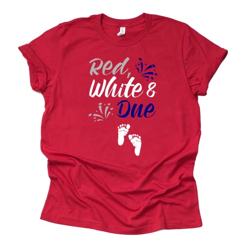A red t-shirt with 'Red White and Due' text and fireworks graphics, featuring a graphic of a pair of feet and a star