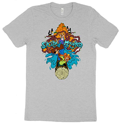 A gray t-shirt featuring a vibrant graphic design inspired by the Splash Mountain theme park ride, with characters and scenery depicted.