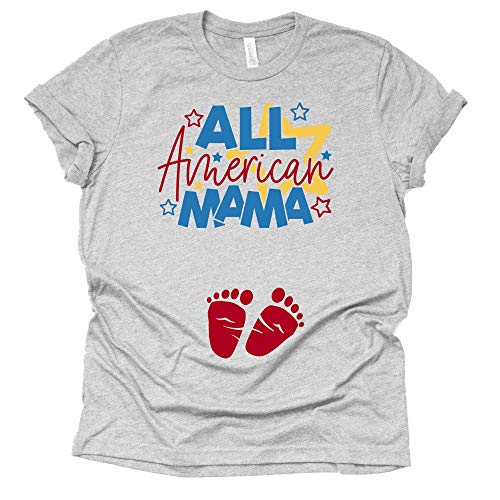 A light grey t-shirt with 'All American Mama' text and heart graphics, featuring a graphic of a pair of feet and a star