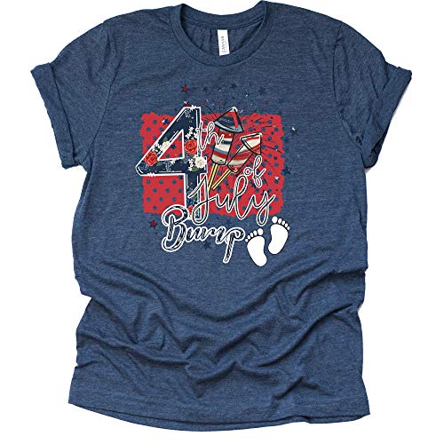 A navy t-shirt with a patriotic design featuring stars, stripes, and the text '4th of July BUMP' on the front.