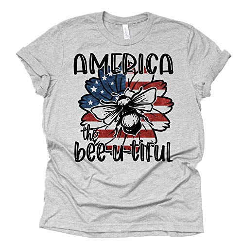 Gray casual short sleeve t-shirt with America the Bee-u-tiful on a sunflower with American flag and bee