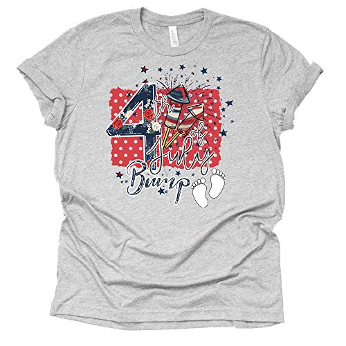 A gray t-shirt with a patriotic design featuring stars, stripes, and the text '4th of July BUMP' on the front.